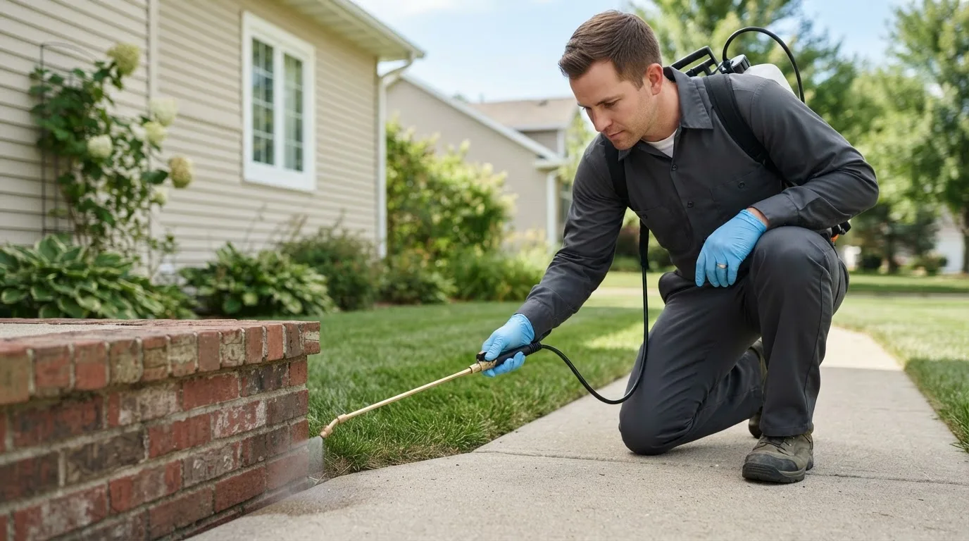 Pest control technician treating a home near Dilliner, PA